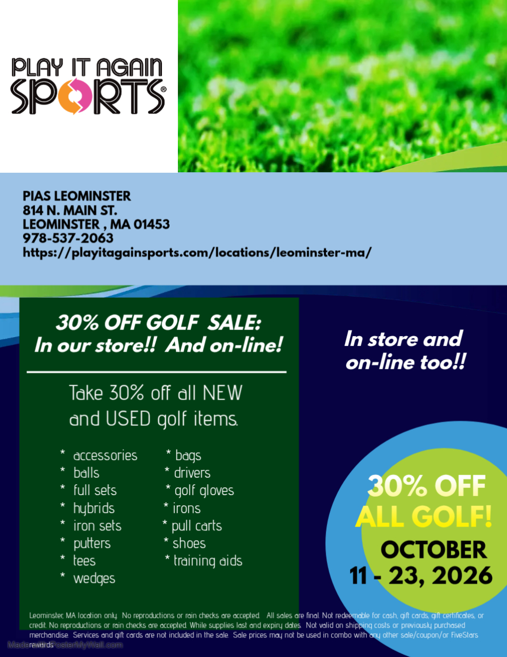 image of golf course grass with play it again sports address and 30% off golf sale details